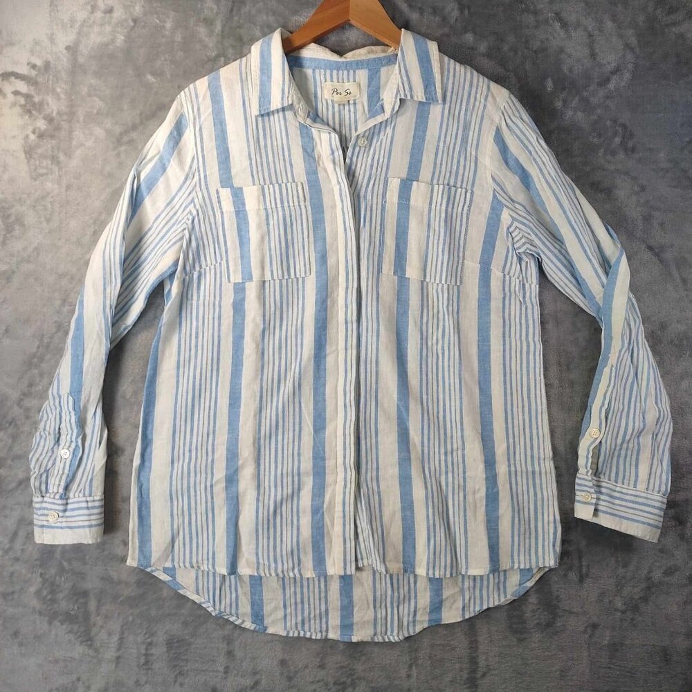 Blue Ivory Per Se Women's M Button Up Long Sleeve Casual Boho Bohemian Shirt